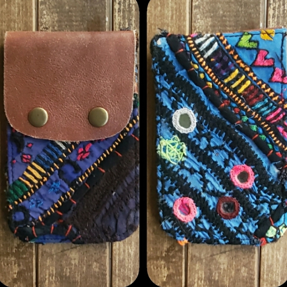 🧠🍳 Free People Boho Embroidered Repurposed vtg banjara hippie Wallet card case